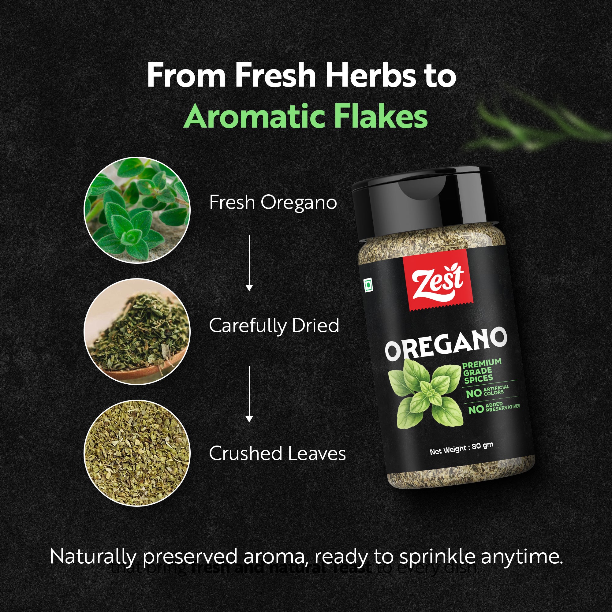 Dried Oregano Leaves | Aromatic Herb for Pizzas & Pastas | Zest Exotic Range | 80gm