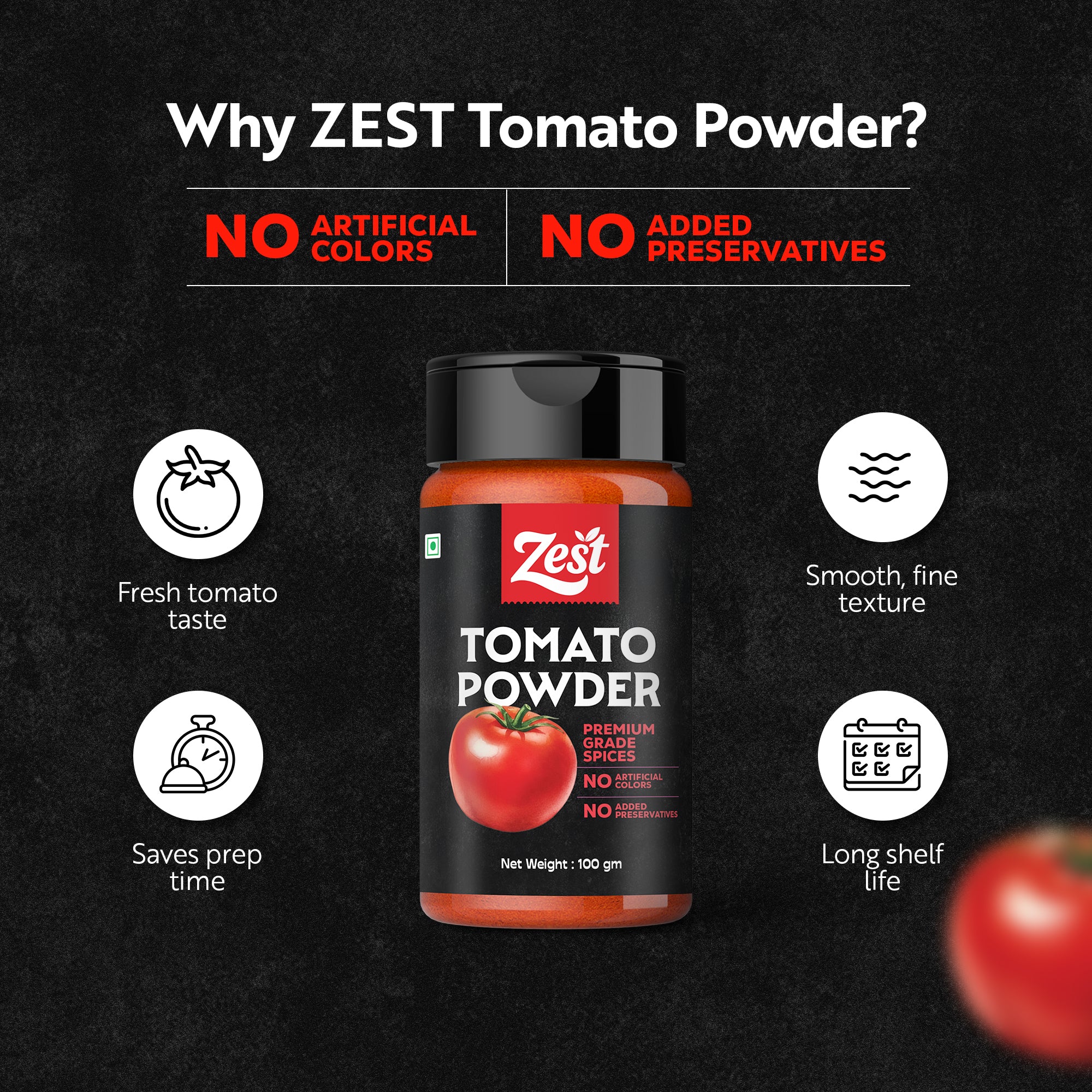 Spray-Dried Tomato Powder | Rich Colour & Tangy Flavour | Zest Exotic Range | 100gm