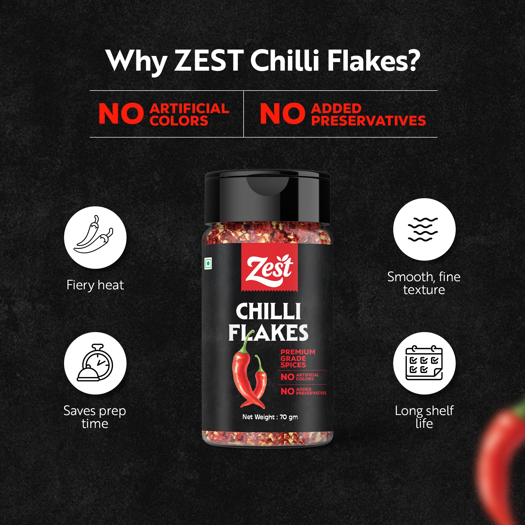 Premium Red Chilli Flakes | Bold Heat & Vibrant Colour | Zest Exotic Range | 70gm