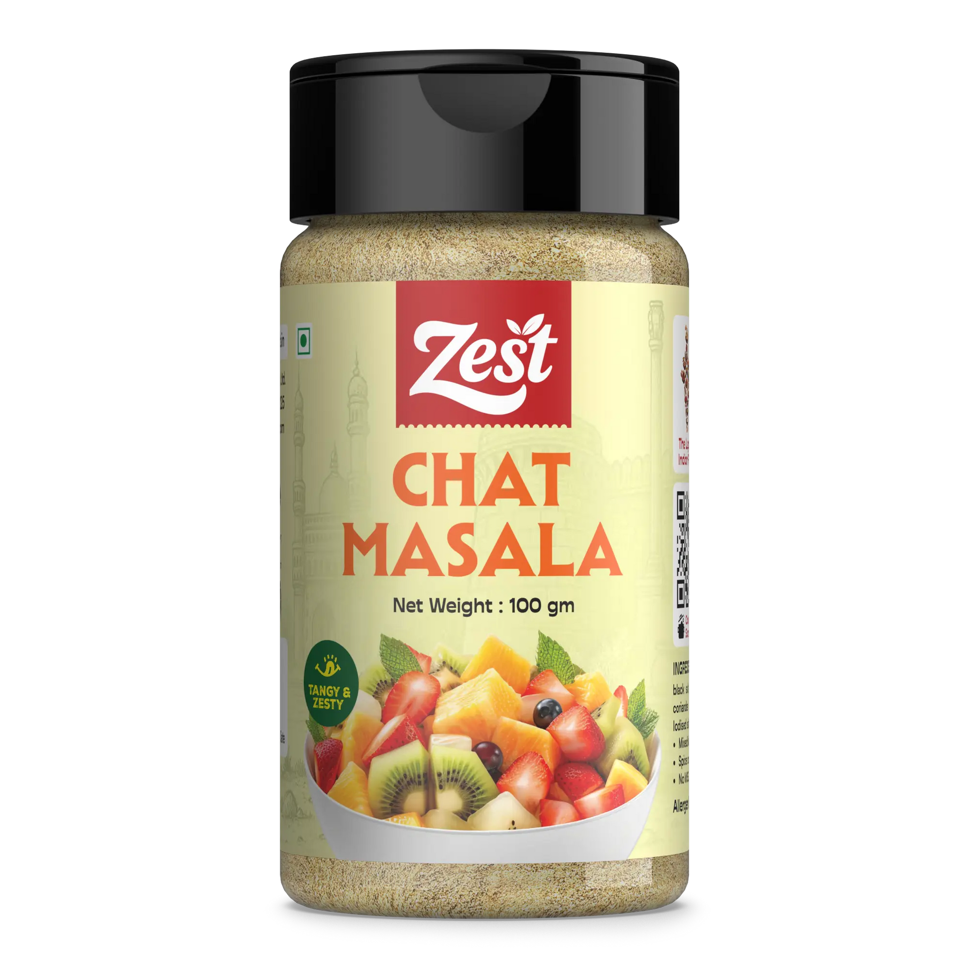 Zest Chat Masala spice jar with a colorful label on a white background