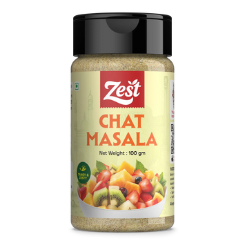 Zest Chat Masala spice jar with a colorful label on a white background