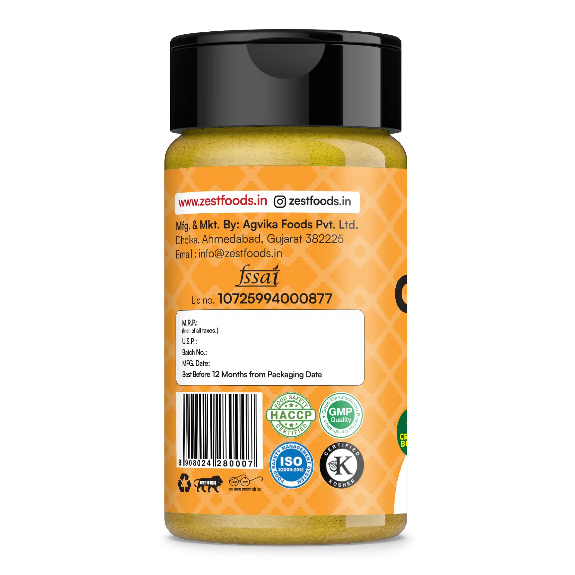 Jar with a label showing branding and certification logos on a white background