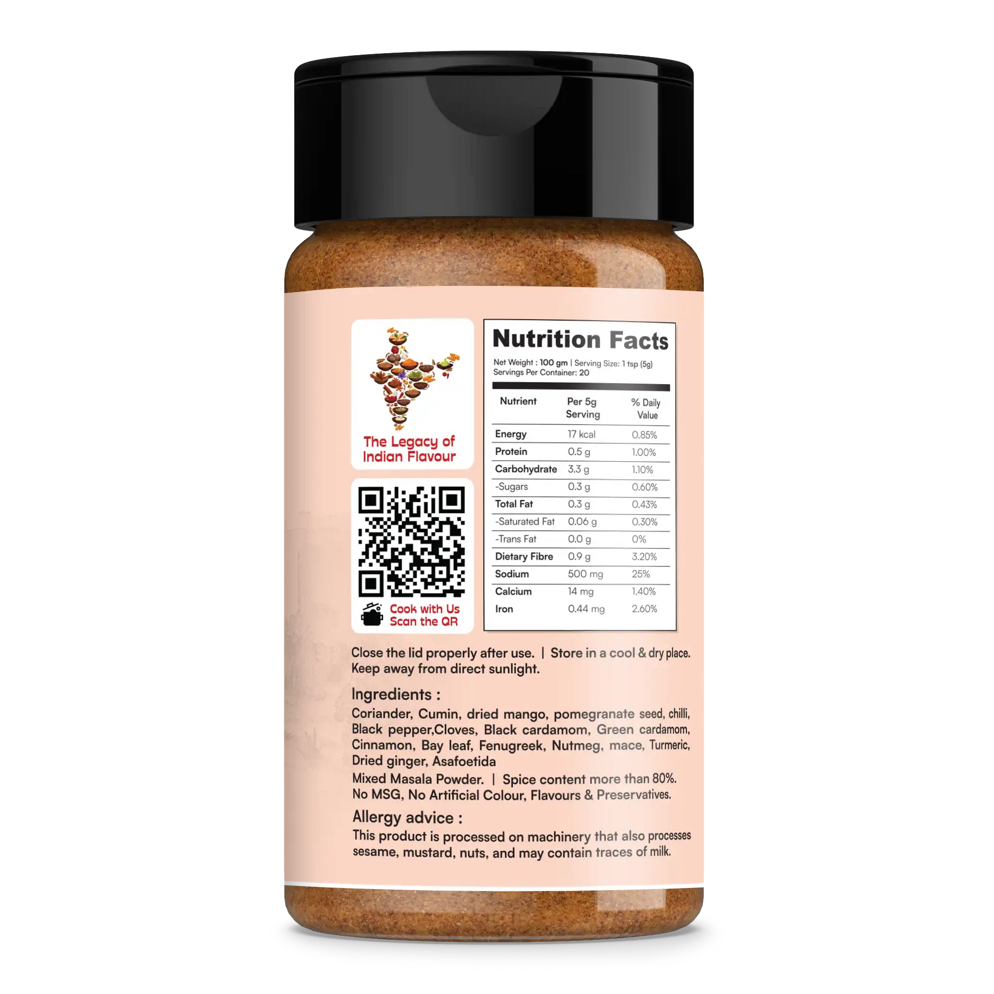 Spice jar with nutritional label and QR code on a white background