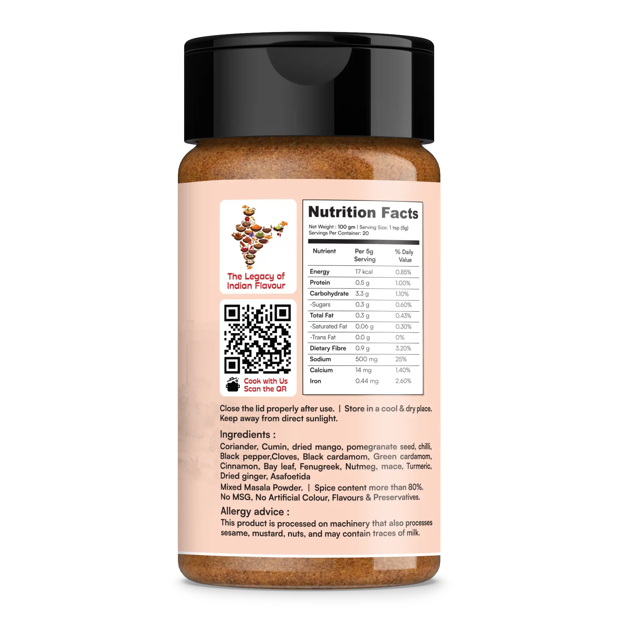 Spice jar with nutritional label and QR code on a white background