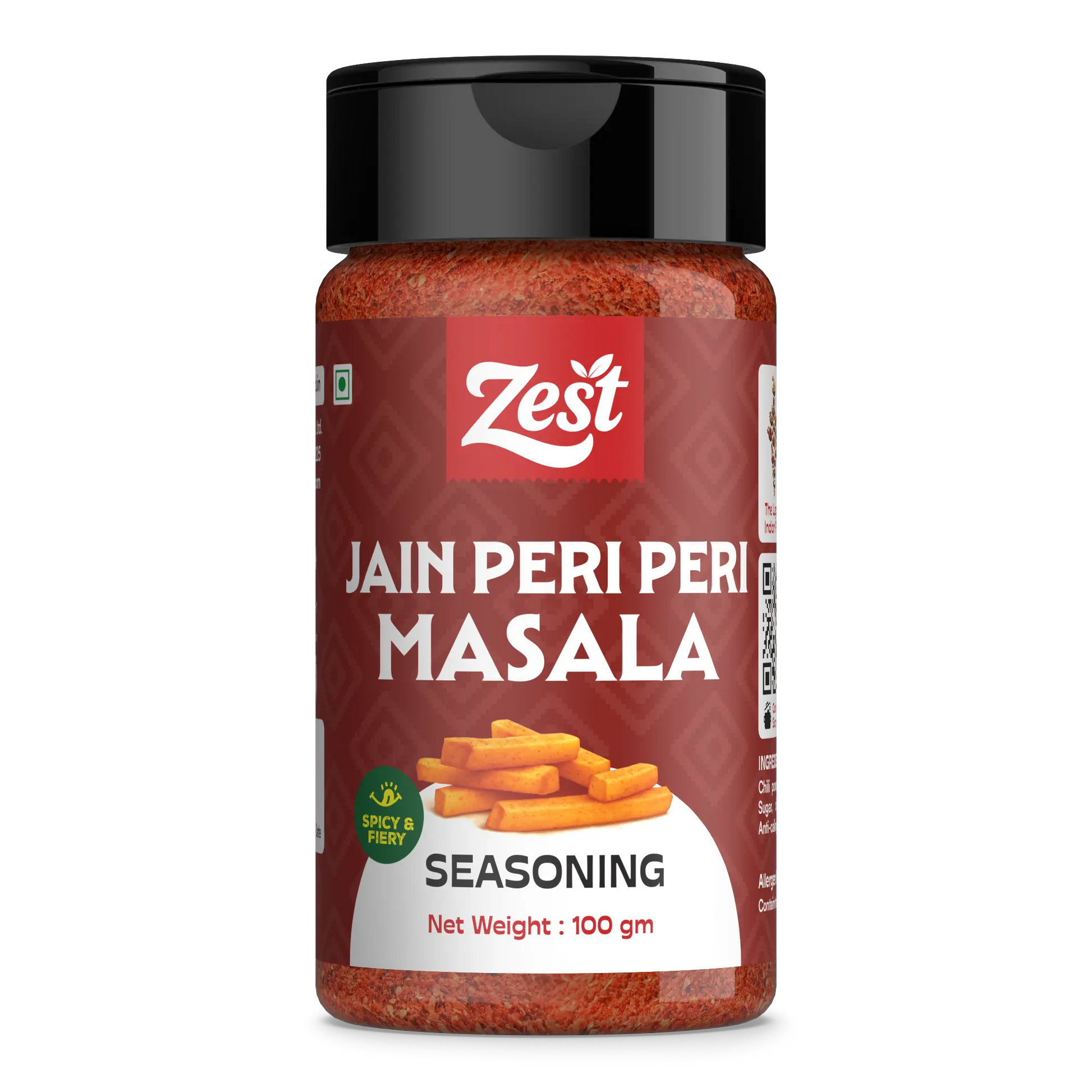 Jar of Zest Jain Peri Peri Masala seasoning on a white background