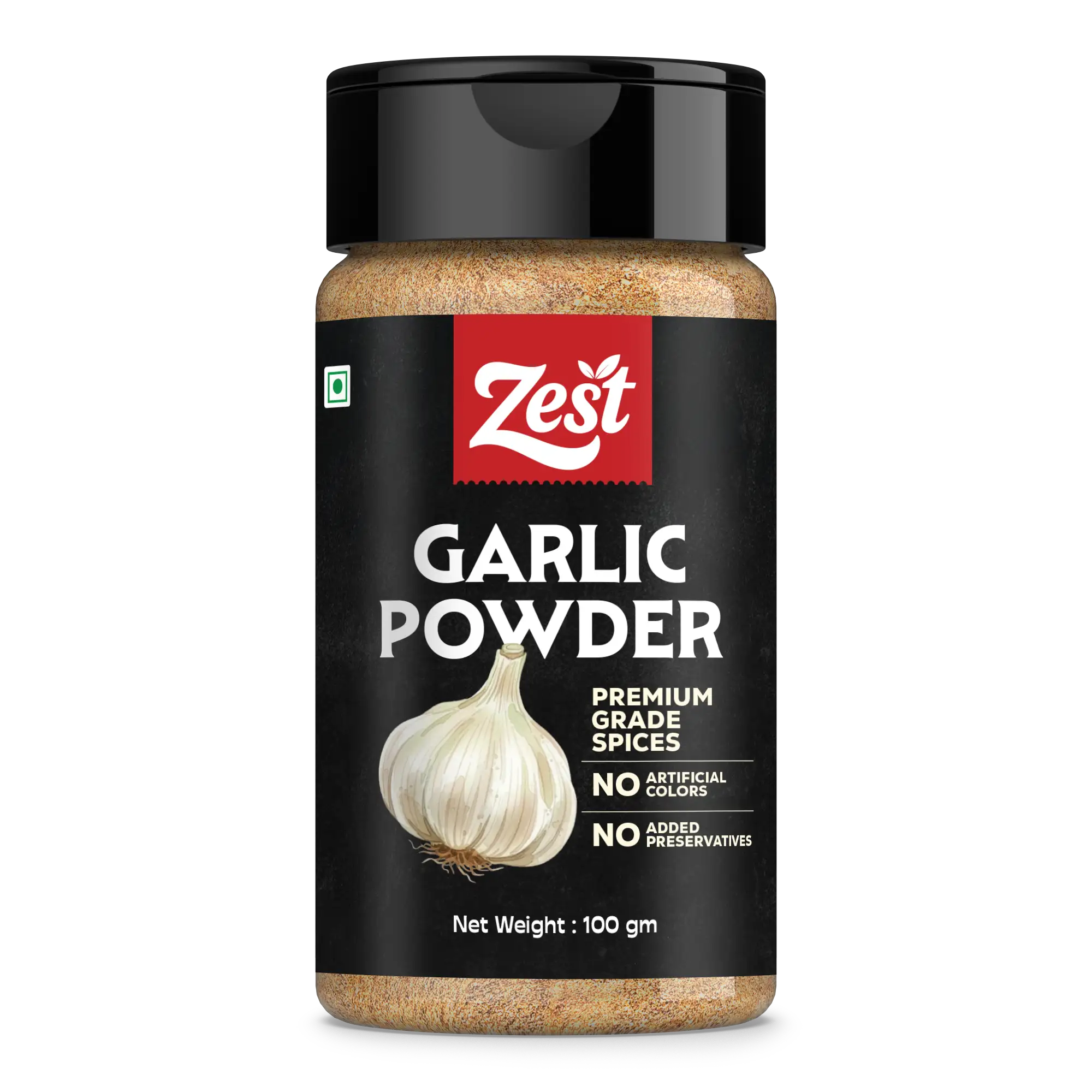Zest Garlic Powder container on a white background