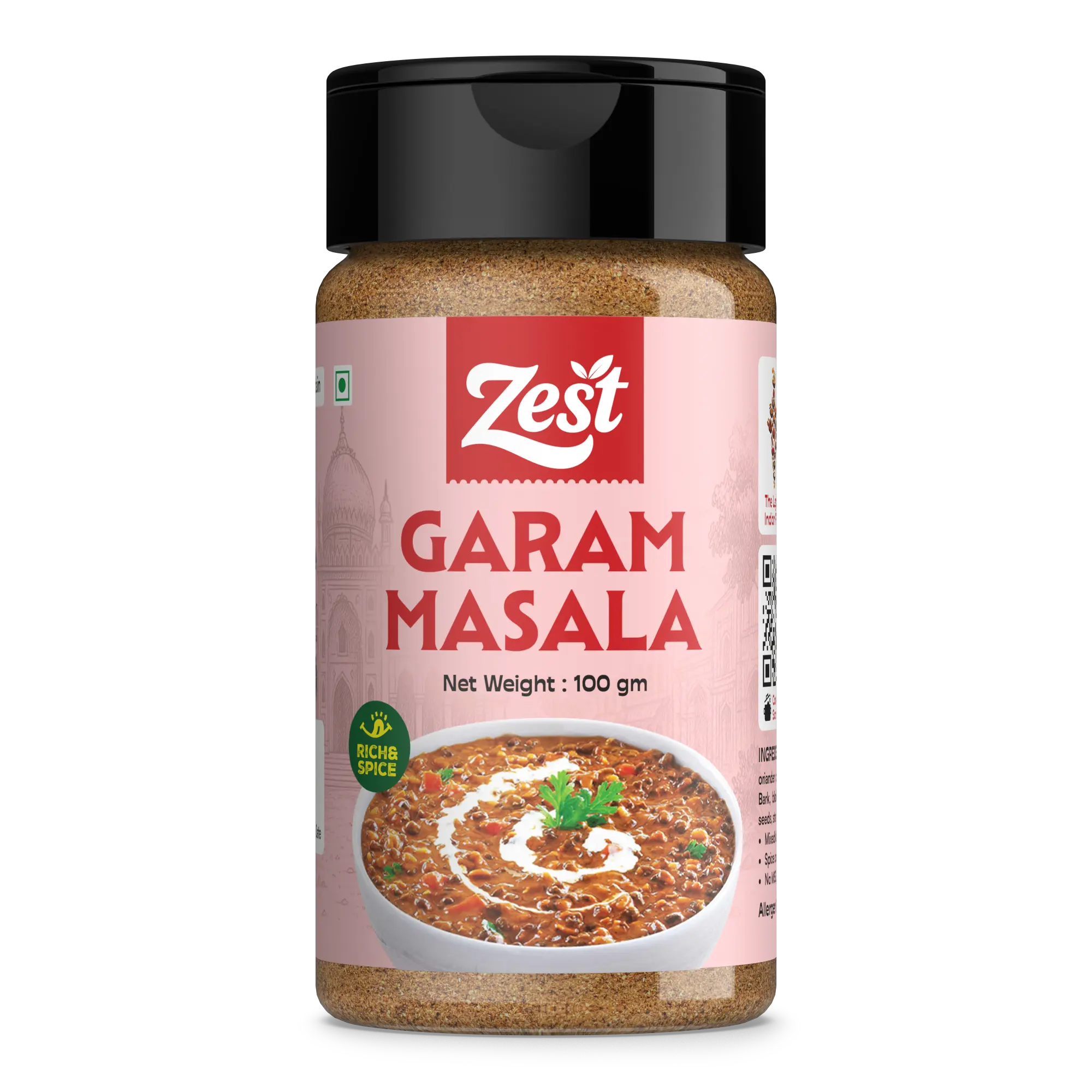 Zest Garam Masala spice jar on a white background