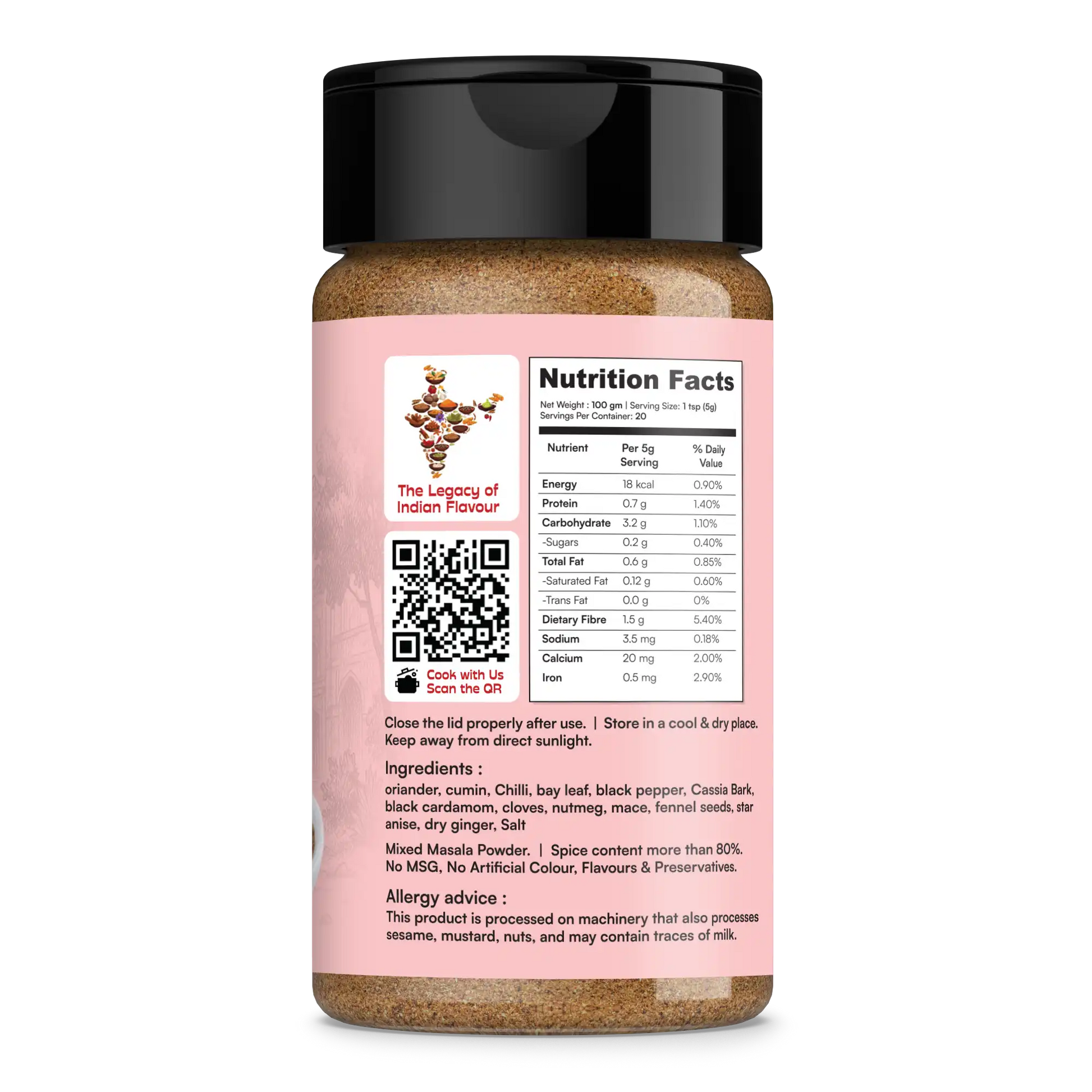 Spice jar with nutrition facts label on a white background