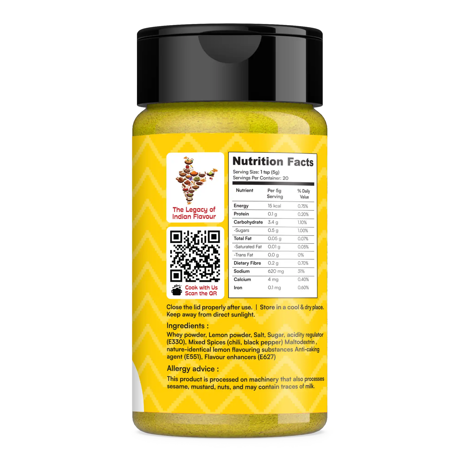 Yellow spice jar with nutrition facts label on a white background