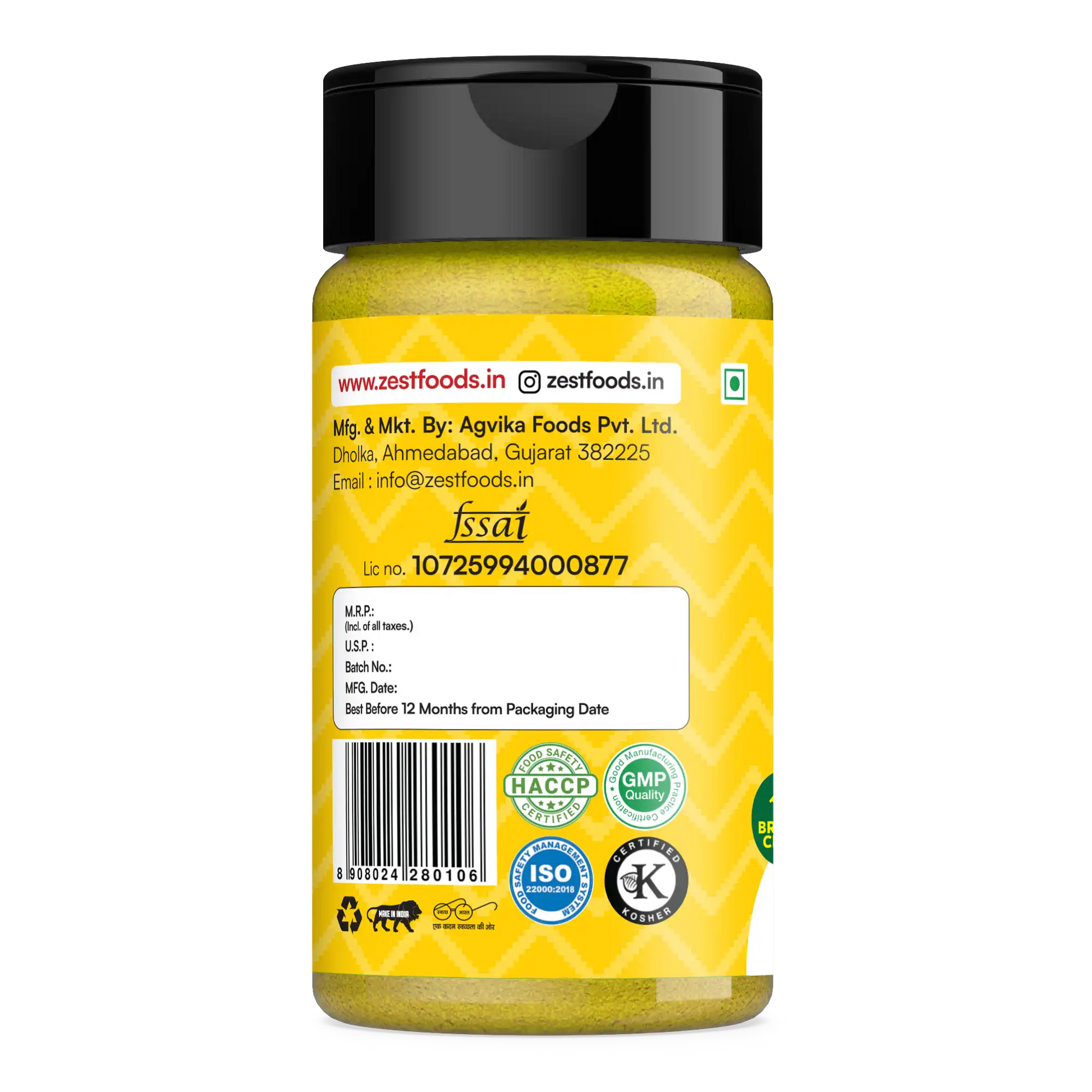 Yellow bottle with black cap on a white background