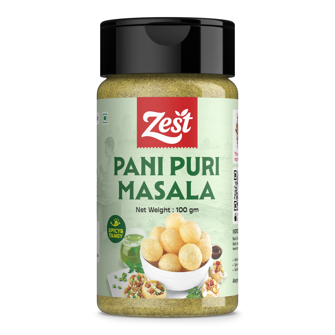 Jar of Zest Pani Puri Masala on a white background