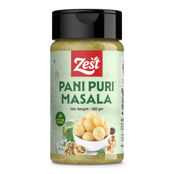 Jar of Zest Pani Puri Masala on a white background