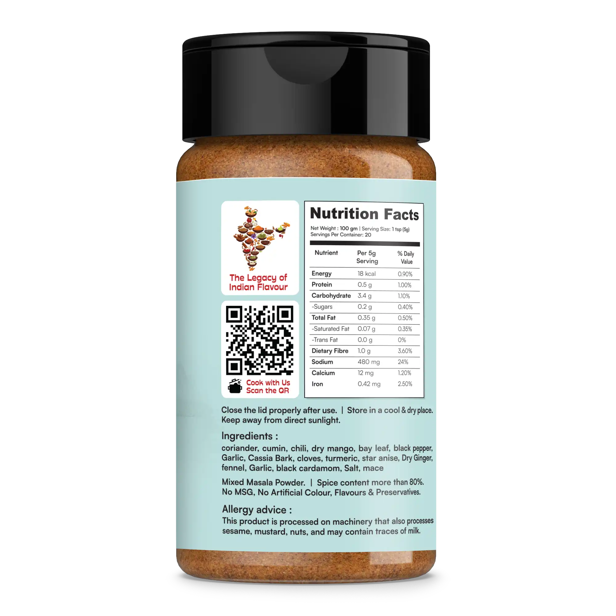 Spice jar with nutritional label and QR code on a white background