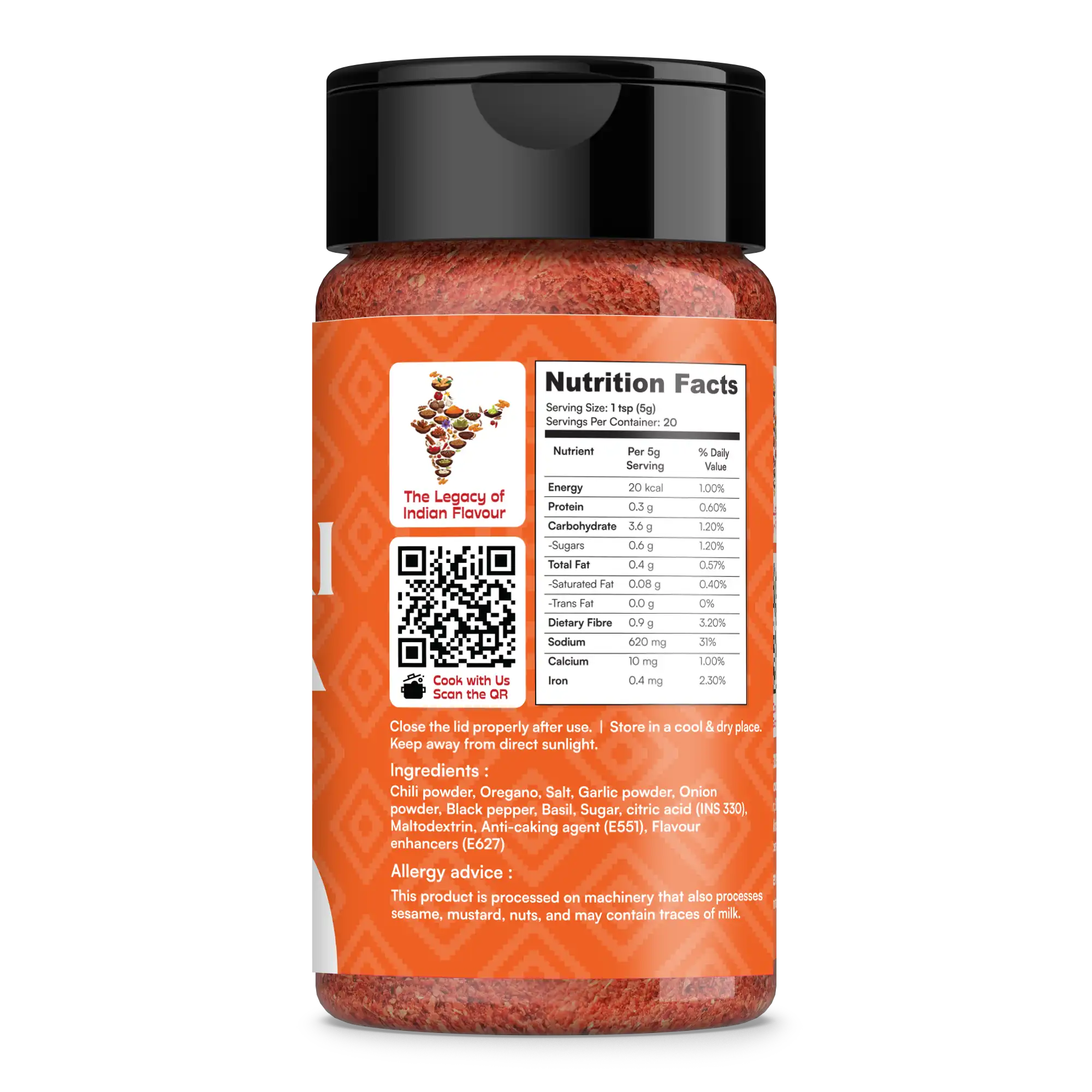 Spice container with nutritional information and QR code on a white background
