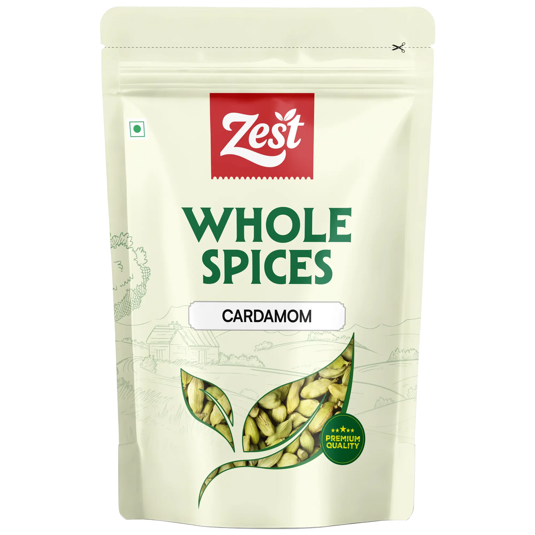 Zest brand whole spices cardamom packaging on a beige background