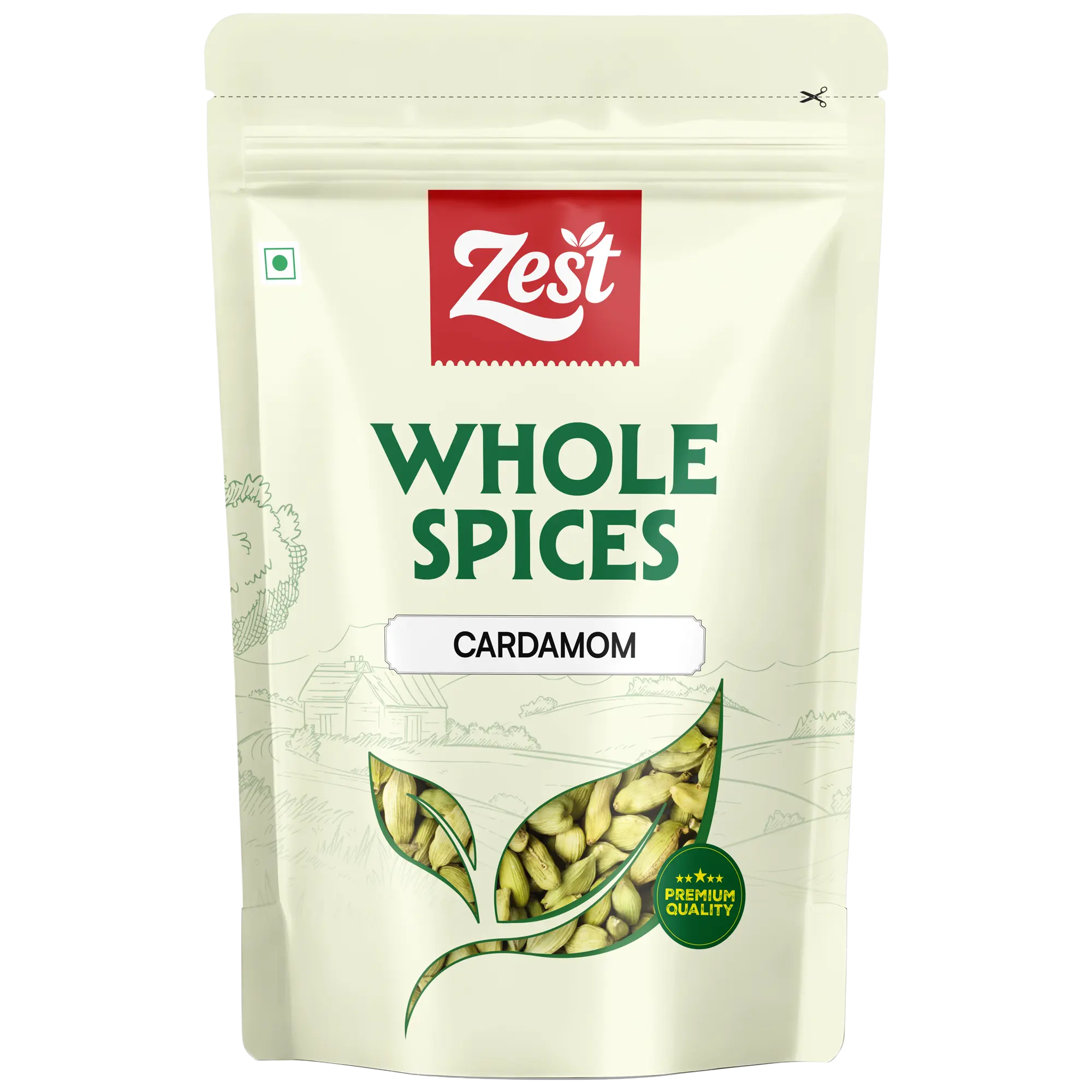 Zest brand whole spices cardamom packaging on a beige background