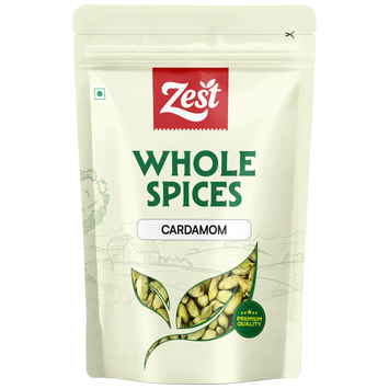 Zest brand whole spices cardamom packaging on a beige background