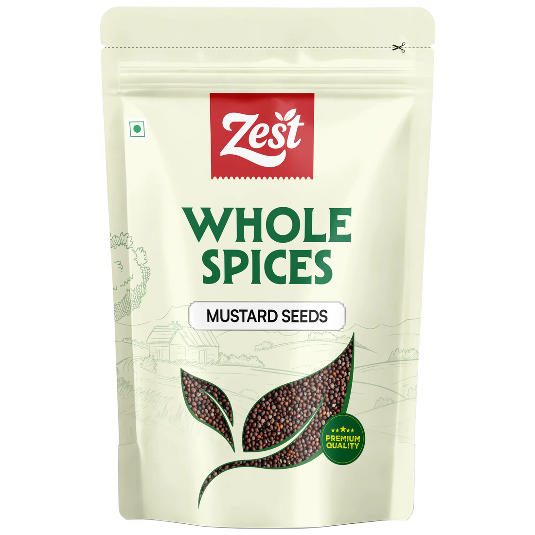 Zest brand packaging of whole spices mustard seeds on a beige background