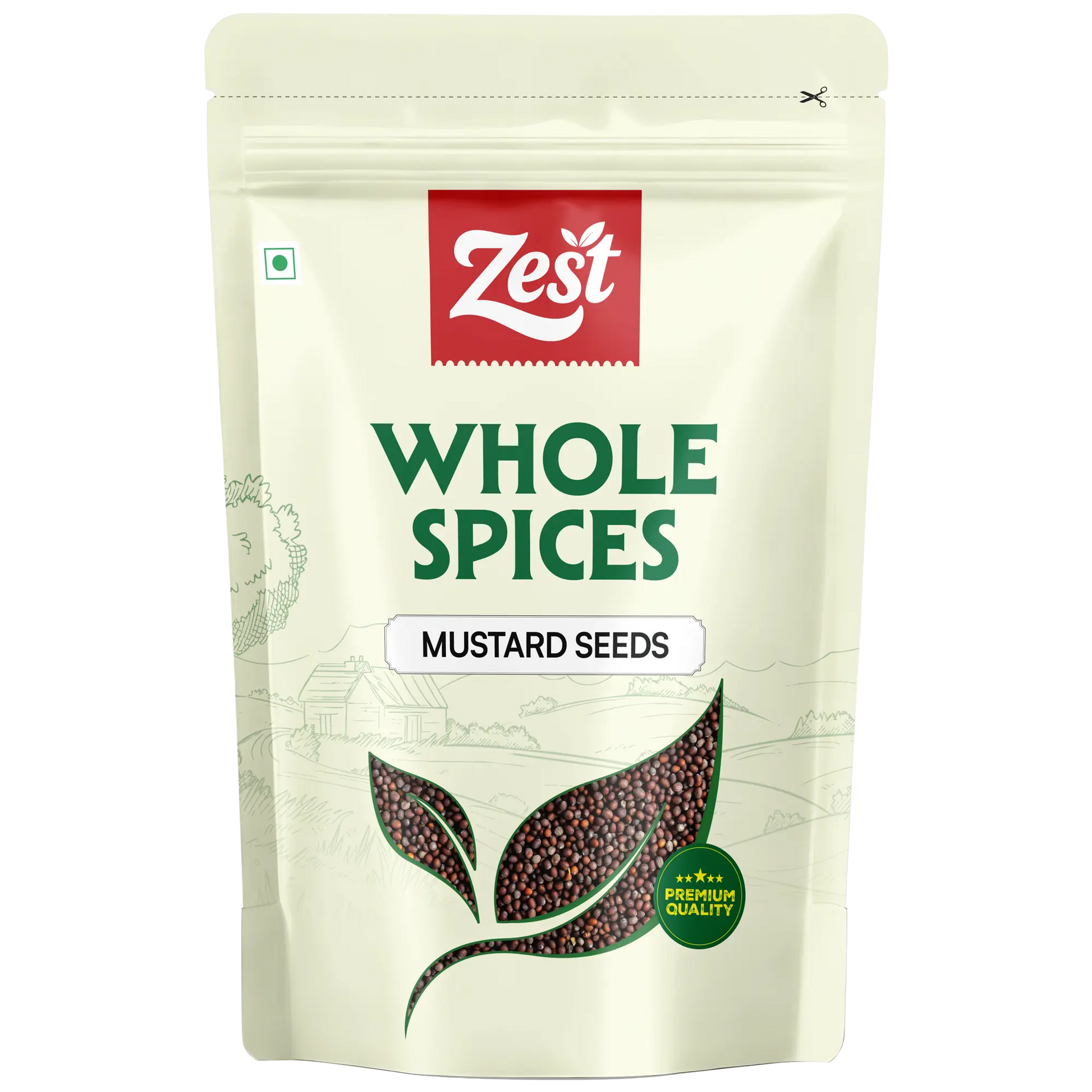 Zest brand packaging of whole spices mustard seeds on a beige background
