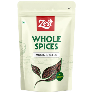 Zest brand packaging of whole spices mustard seeds on a beige background