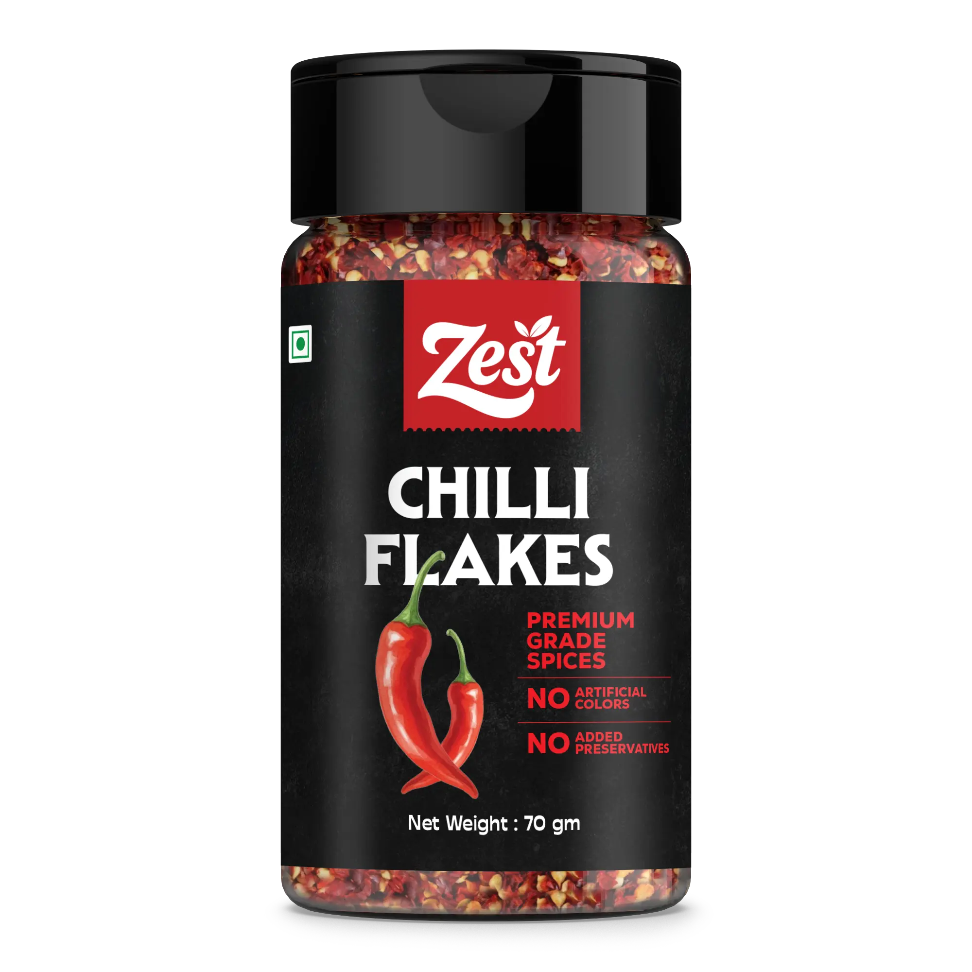 Jar of Zest Chilli Flakes on a white background