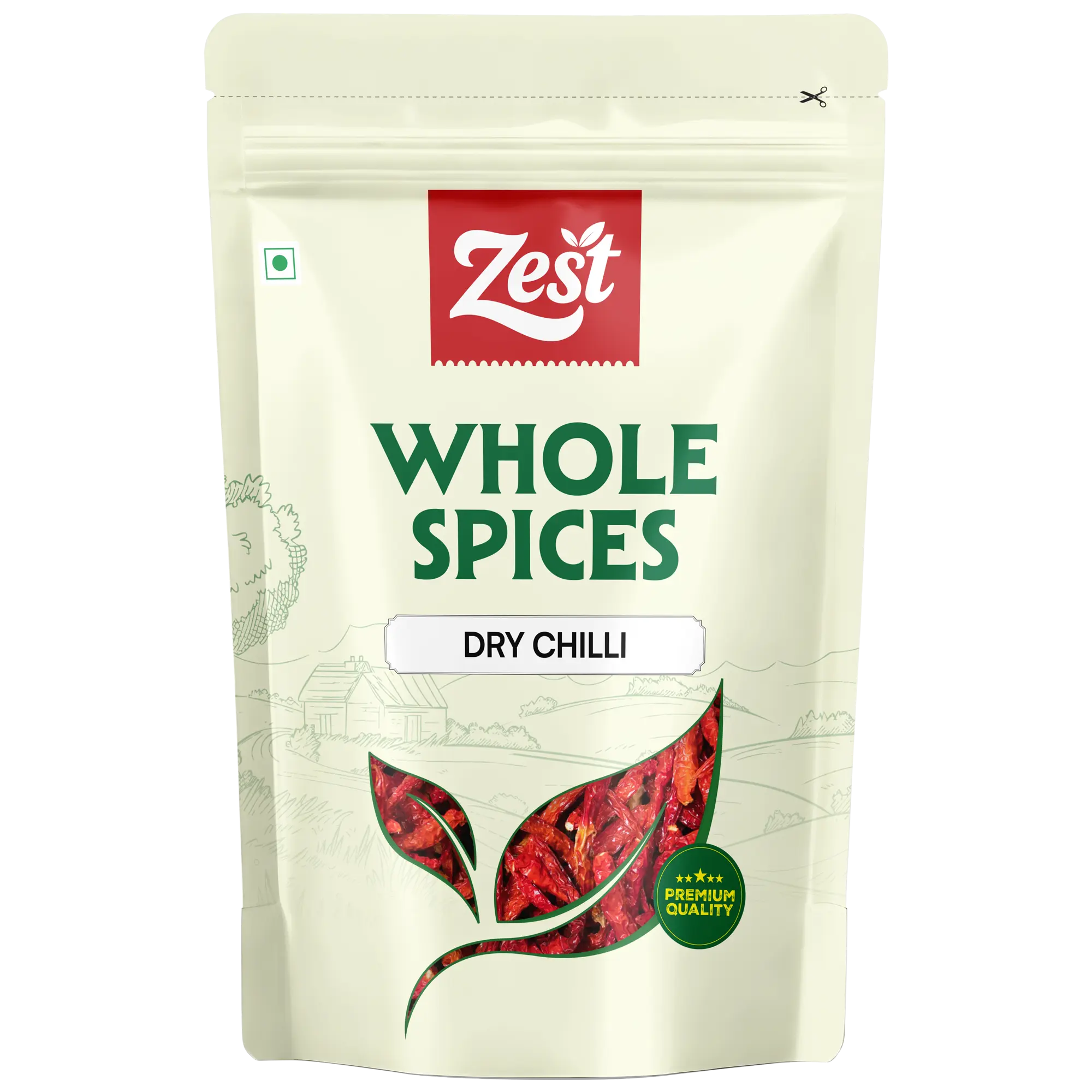 Zest brand packaging of whole spices with a red chili illustration on a beige background