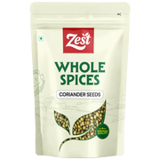 Zest brand packaging of whole coriander seeds on a beige background