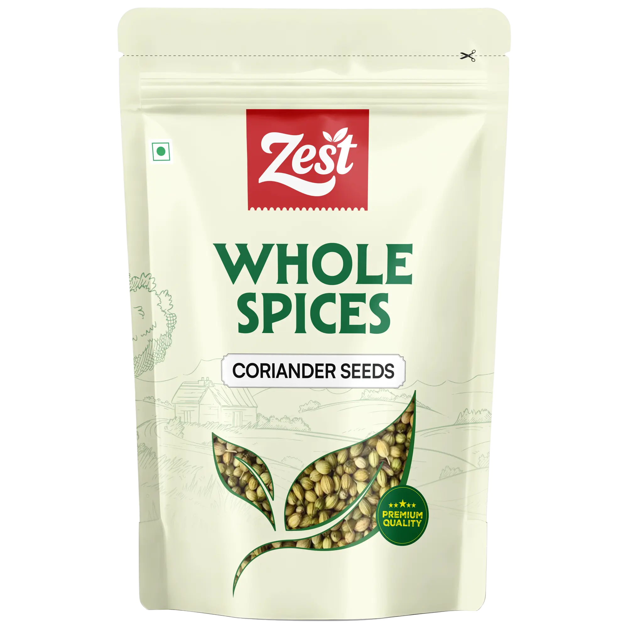 Zest brand packaging of whole coriander seeds on a beige background