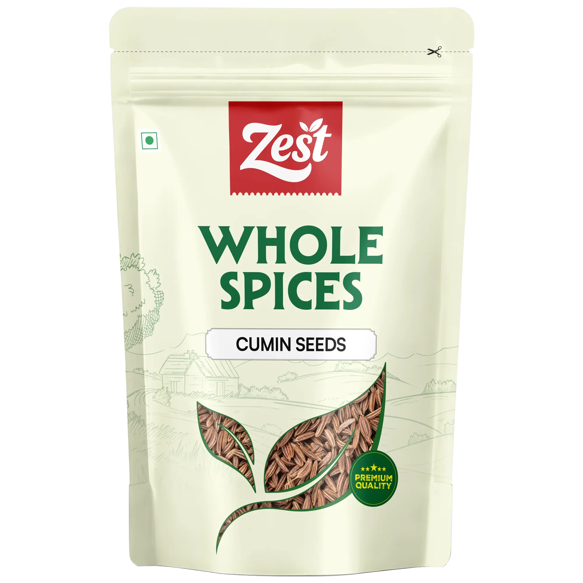 Zest brand packaging of whole cumin seeds on a beige background