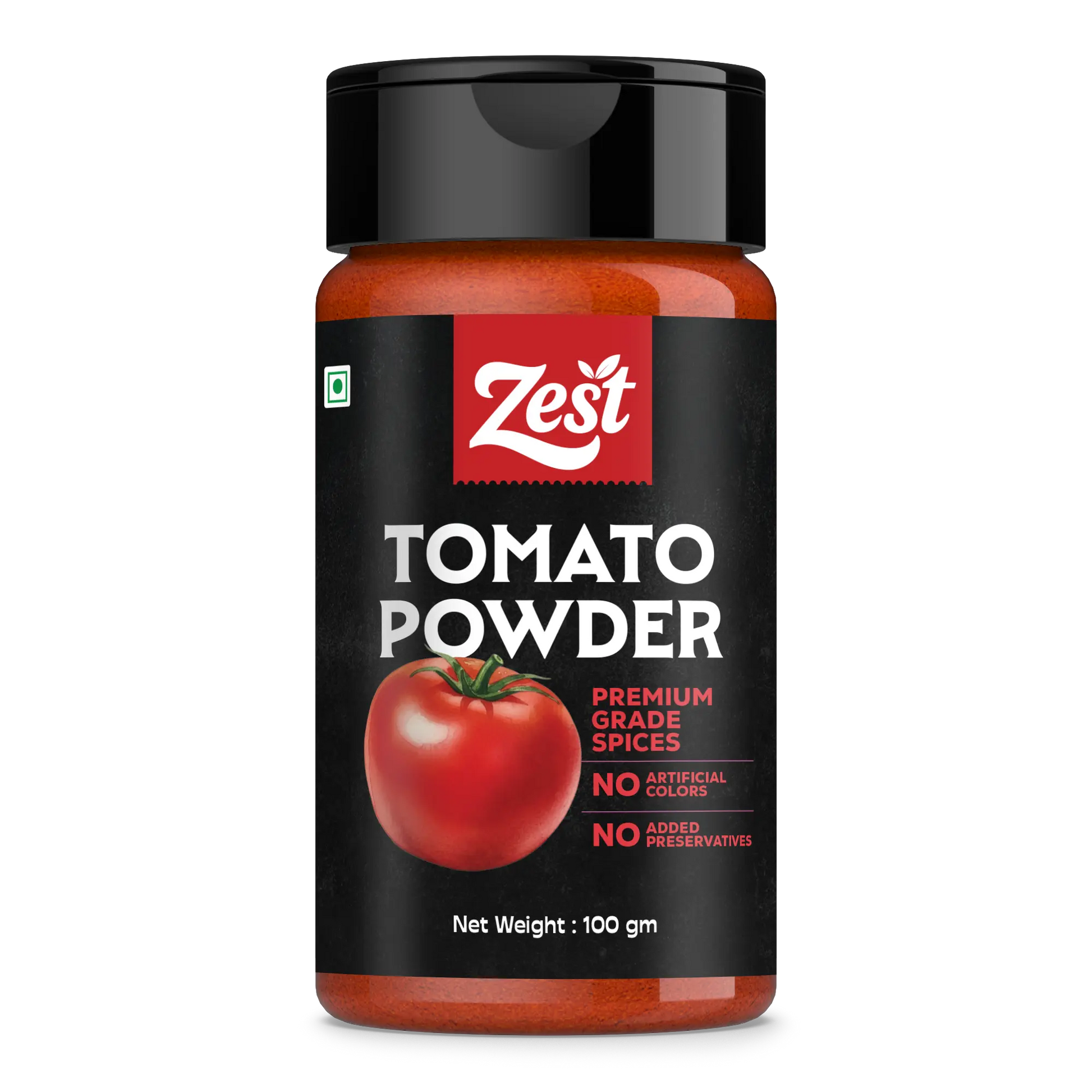Bottle of Zest Tomato Powder on a white background