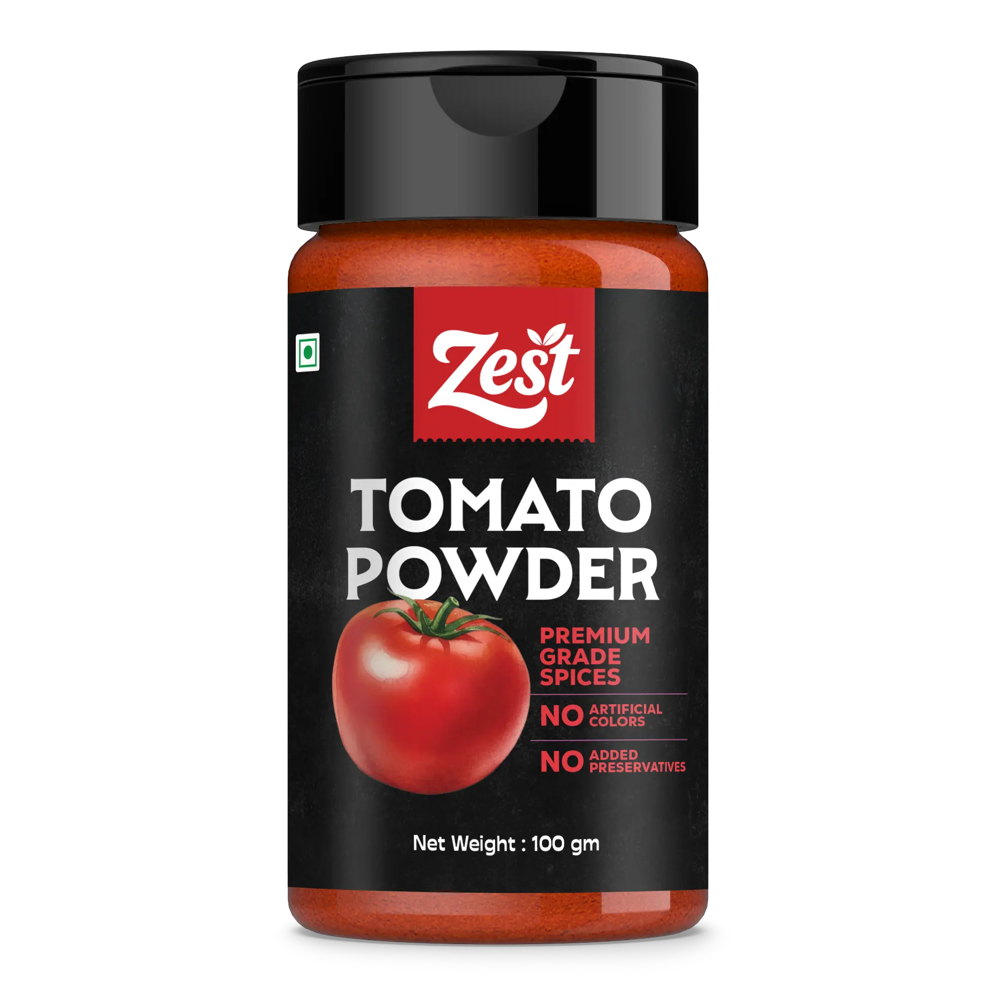 Bottle of Zest Tomato Powder on a white background
