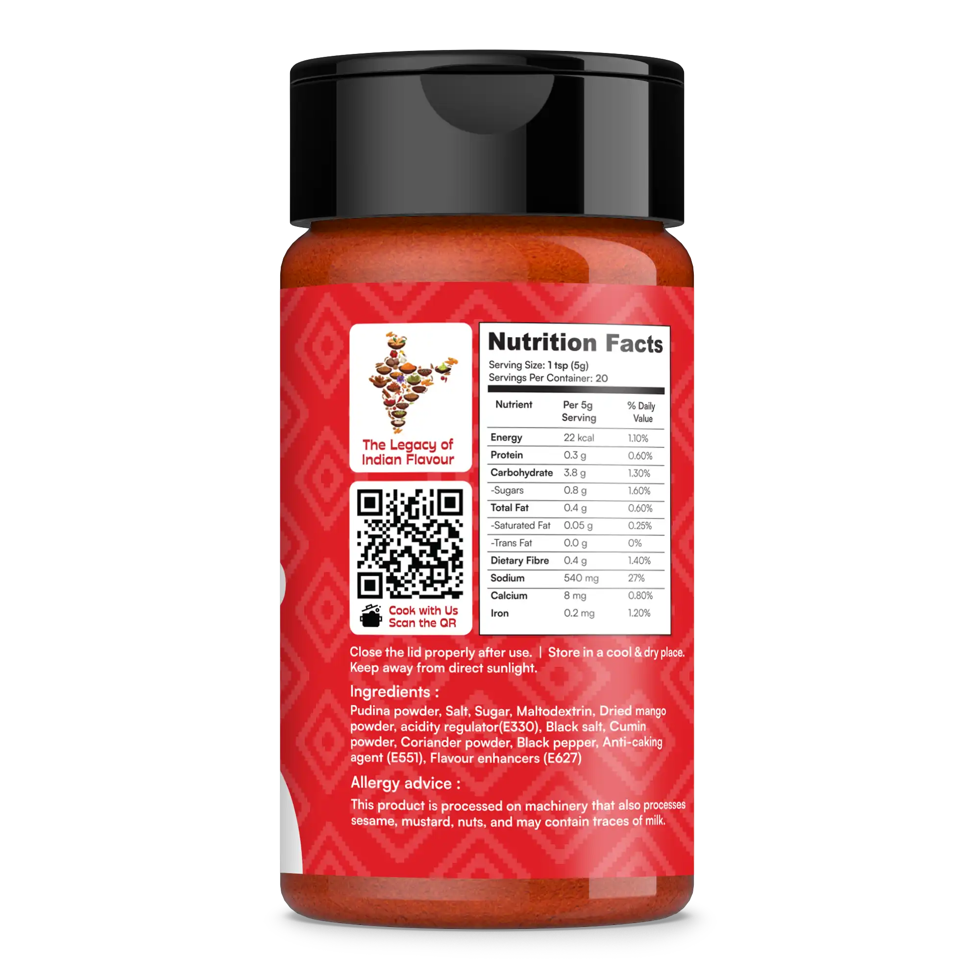 Red spice container with black lid and nutrition label on a white background