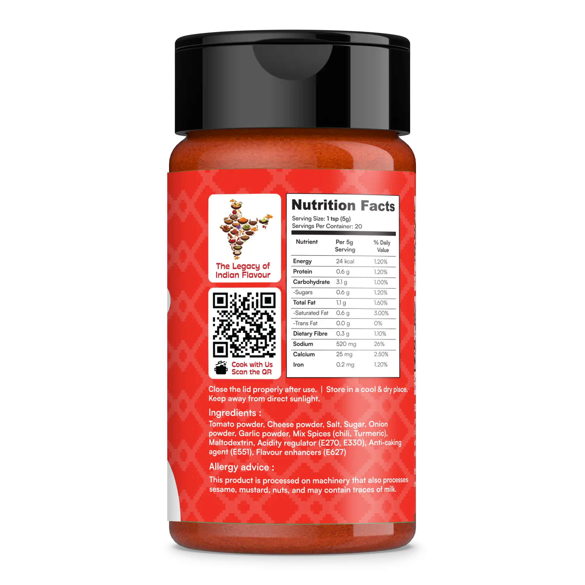 Spice container with nutrition facts label on a white background