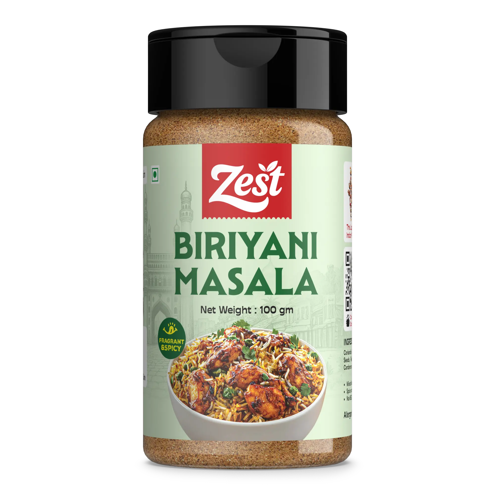 Bottle of Zest Biriyani Masala on a white background
