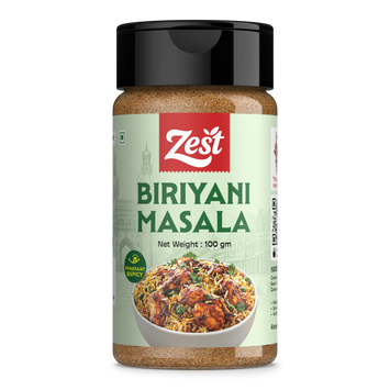 Bottle of Zest Biriyani Masala on a white background