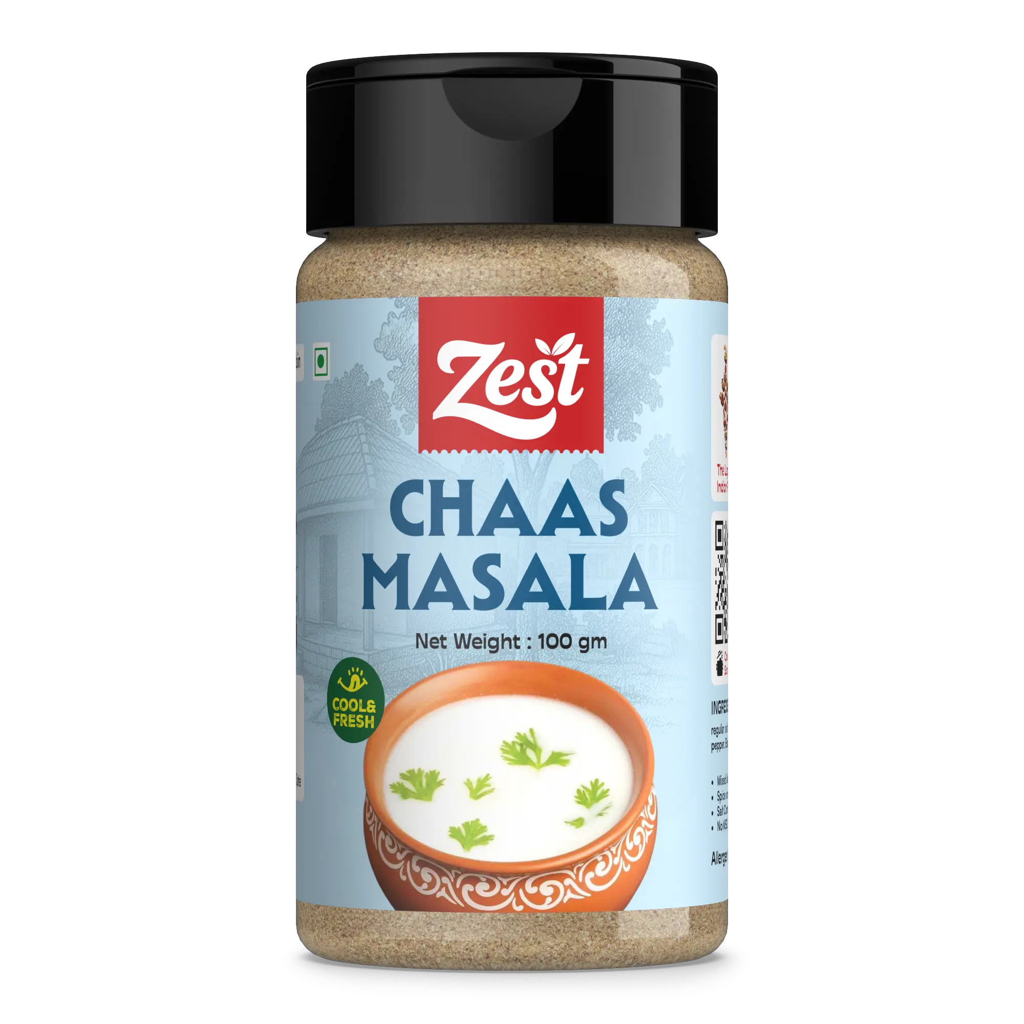 Jar of Zest Chaas Masala on a white background