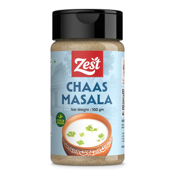 Jar of Zest Chaas Masala on a white background