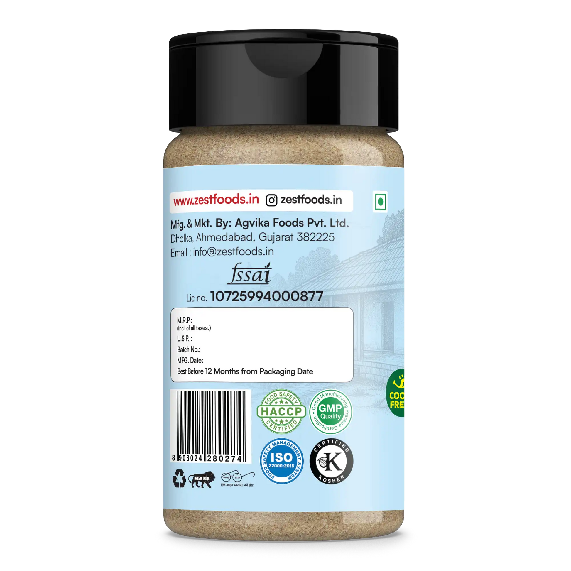 Spice jar with a blue label featuring text and logos on a white background