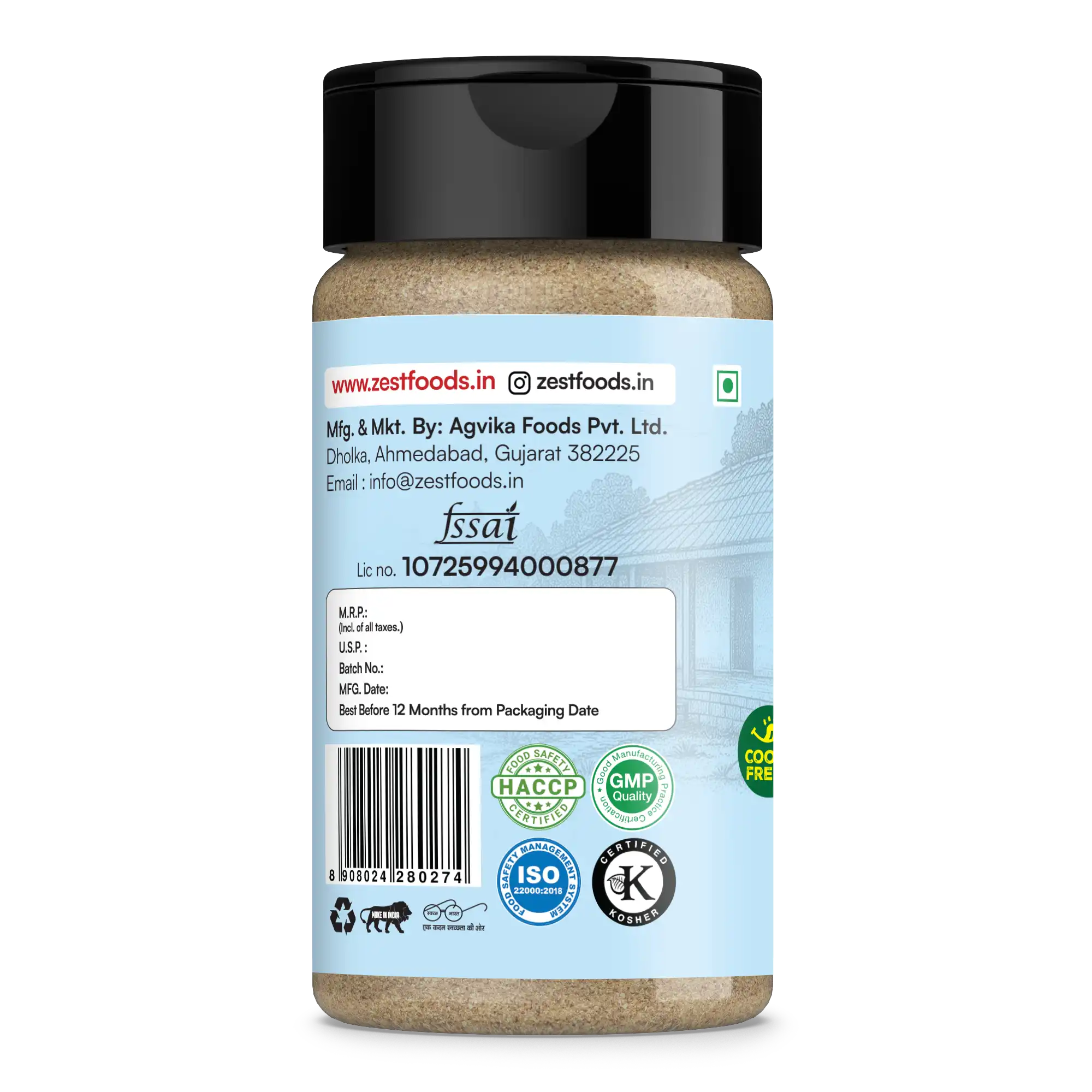 Spice jar with a blue label featuring text and logos on a white background