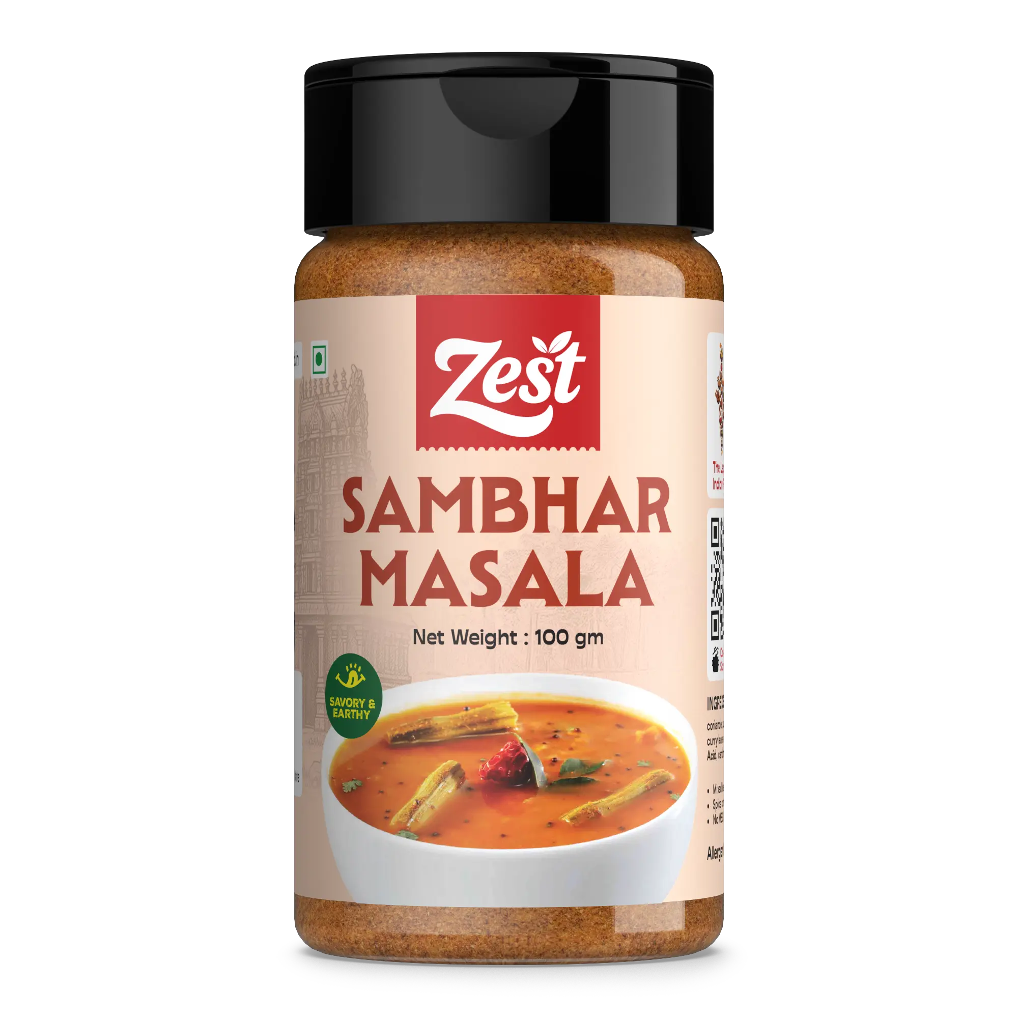 Zest Sambhar Masala jar on a white background