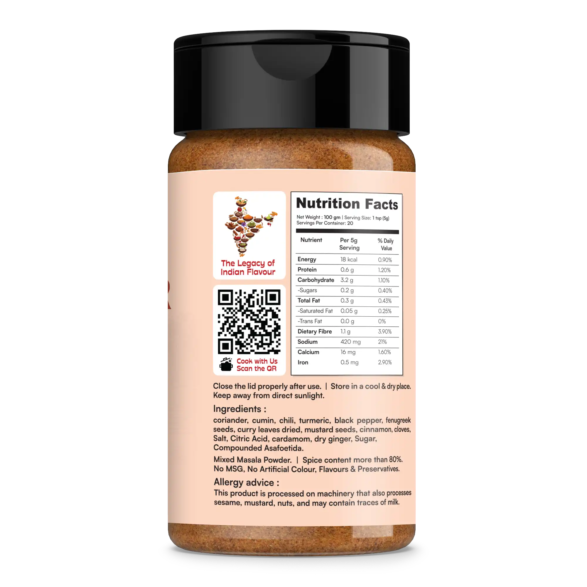 Bottle of mixed masala powder with nutrition facts label on a white background