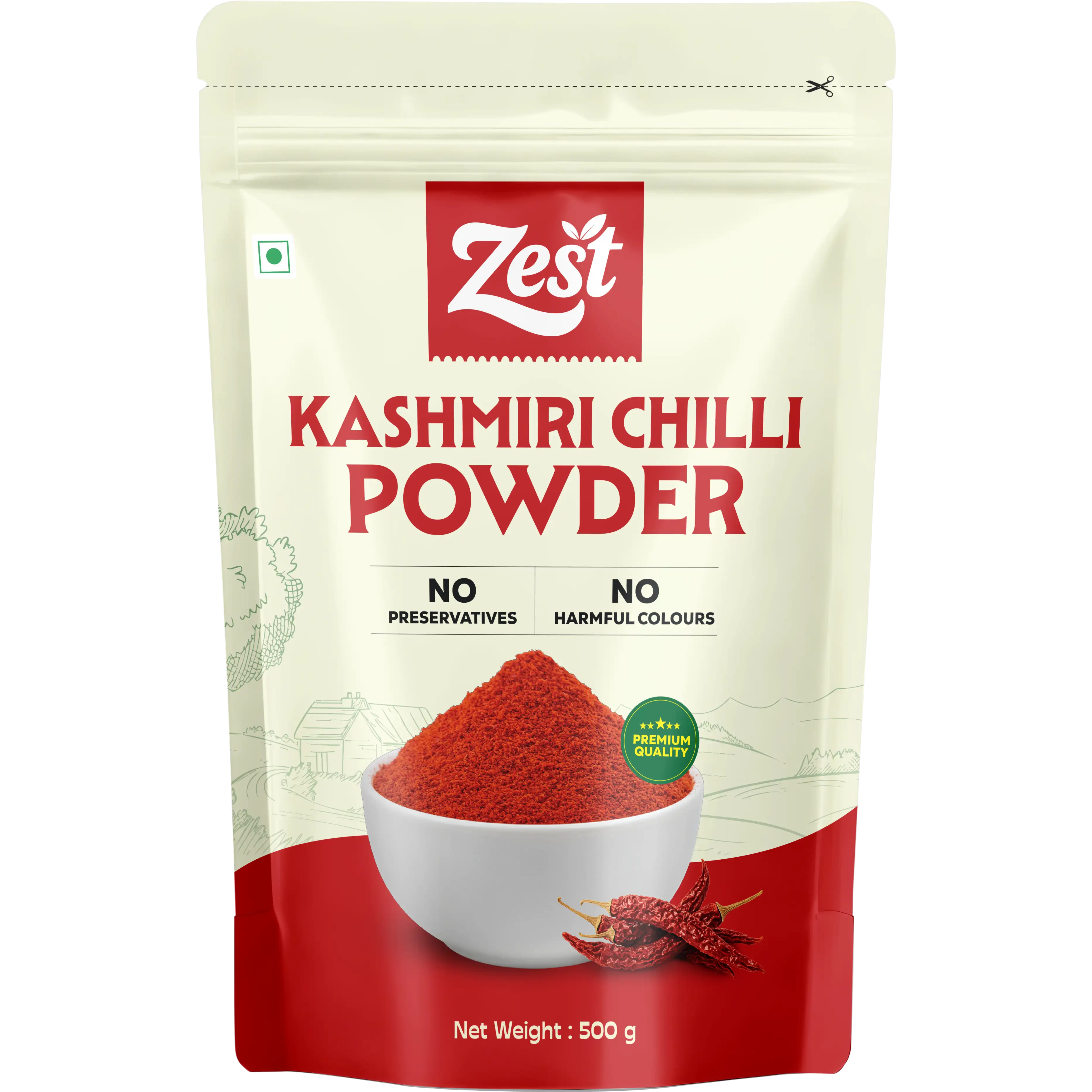 Zest Kashmiri Chilli Powder packaging on a white background