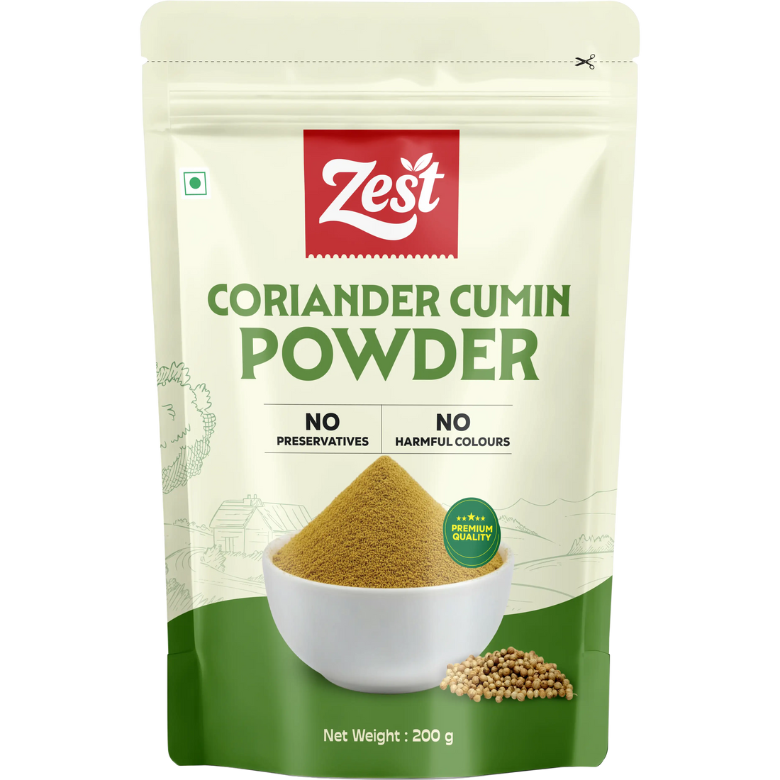 Zest coriander cumin powder packaging on a white background