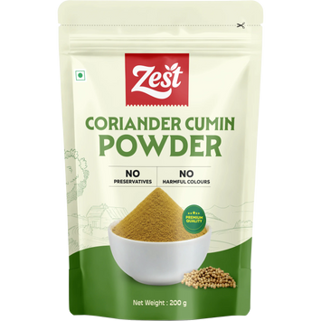 Zest coriander cumin powder packaging on a white background
