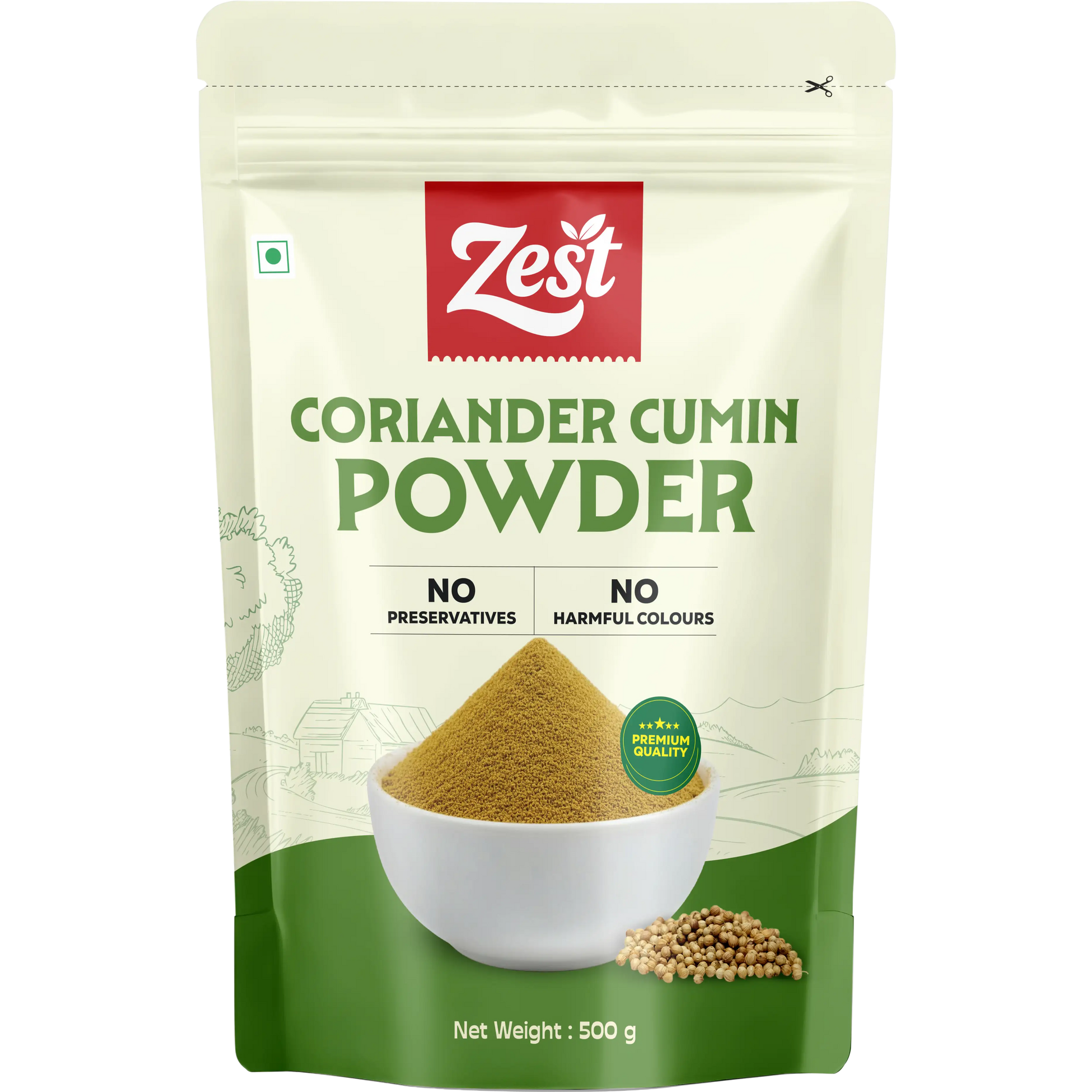 Zest coriander cumin powder packaging on a white background