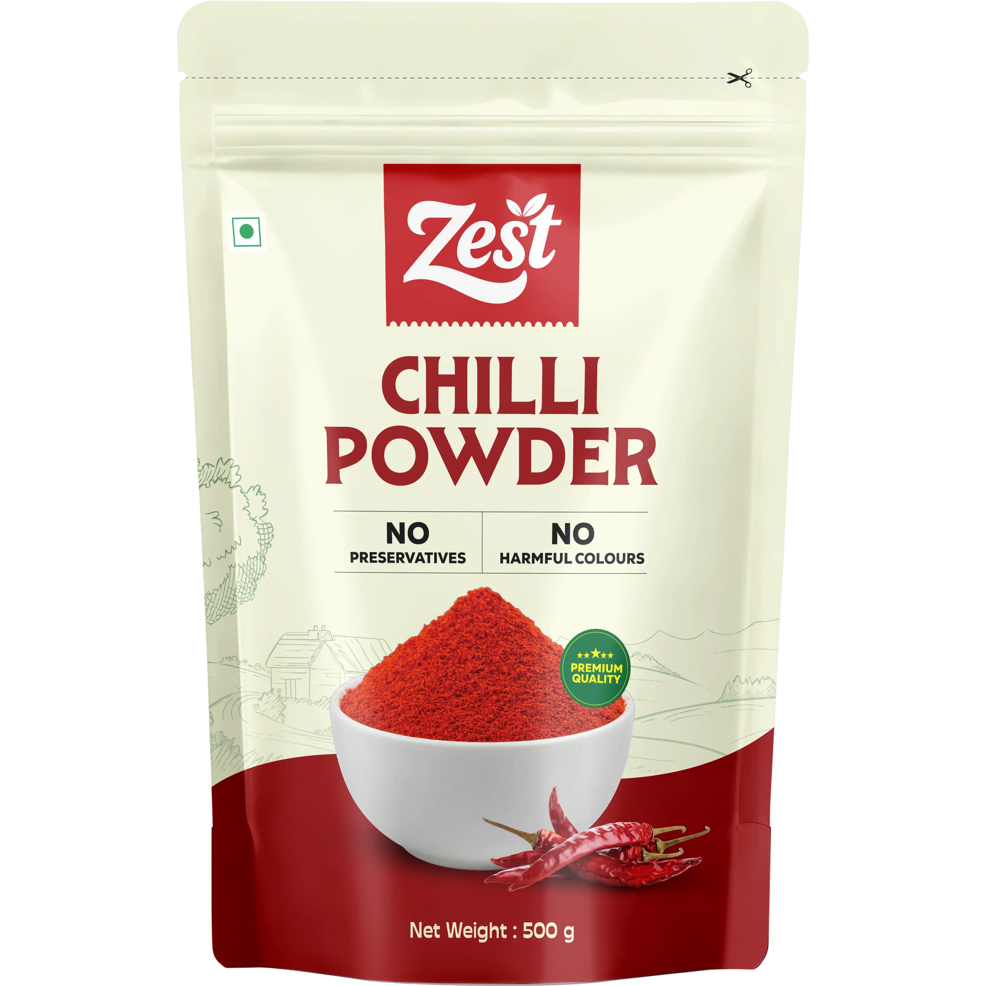 Zest Chilli Powder packaging with a bowl of powder and red chili peppers on a white background