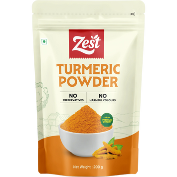 Zest Turmeric Powder packaging with a bowl of turmeric powder on a white background