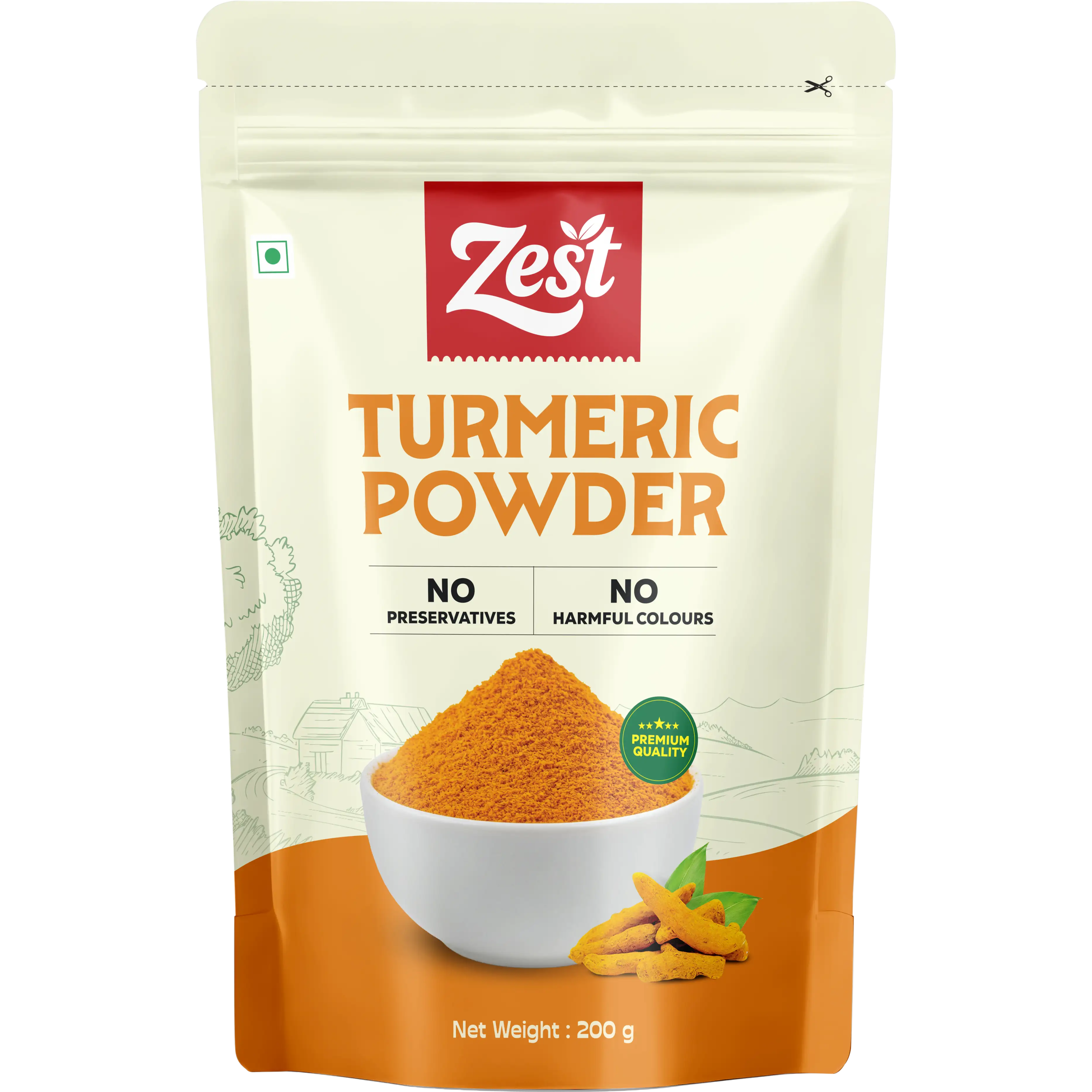 Zest Turmeric Powder packaging with a bowl of turmeric powder on a white background