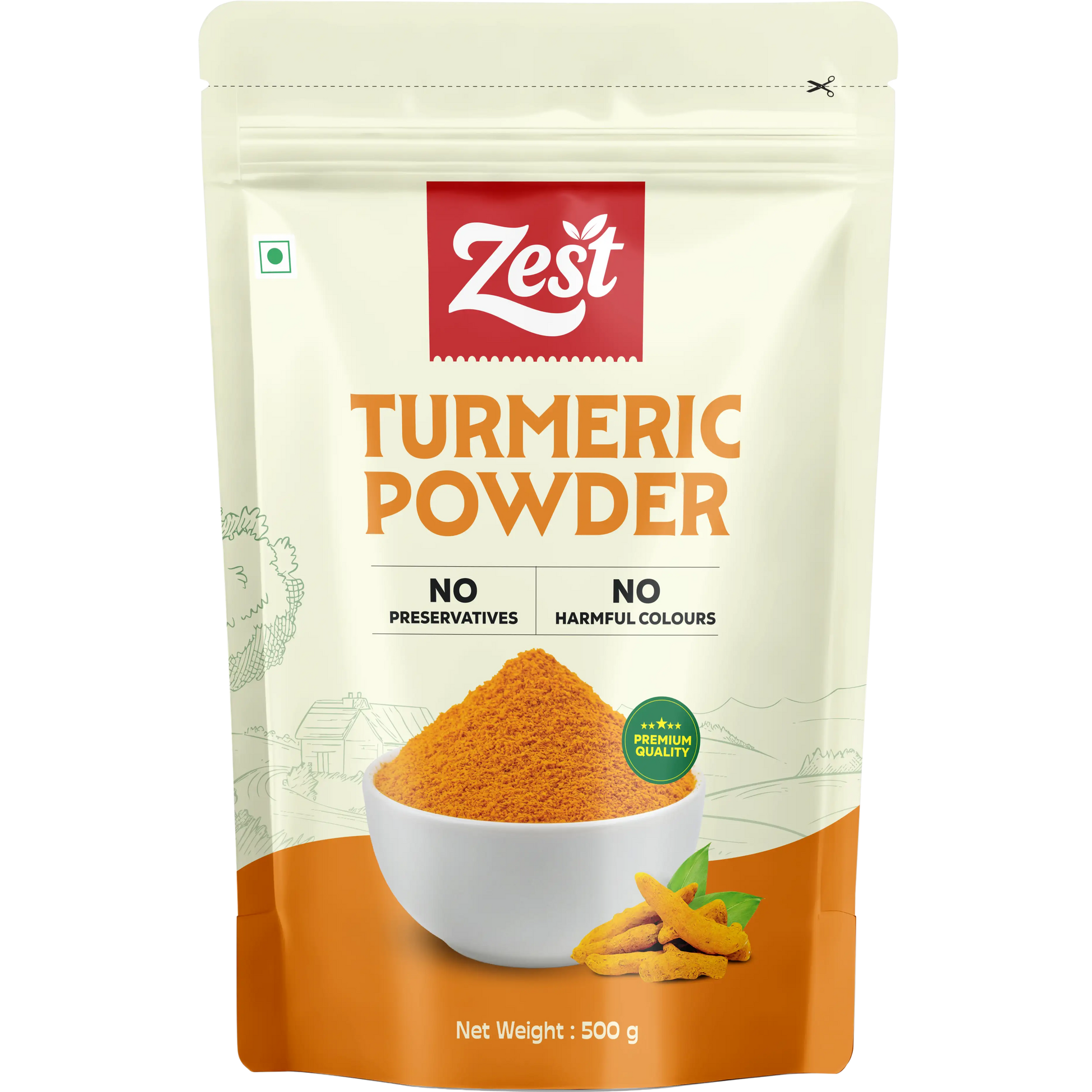 Zest Turmeric Powder packaging on a white background
