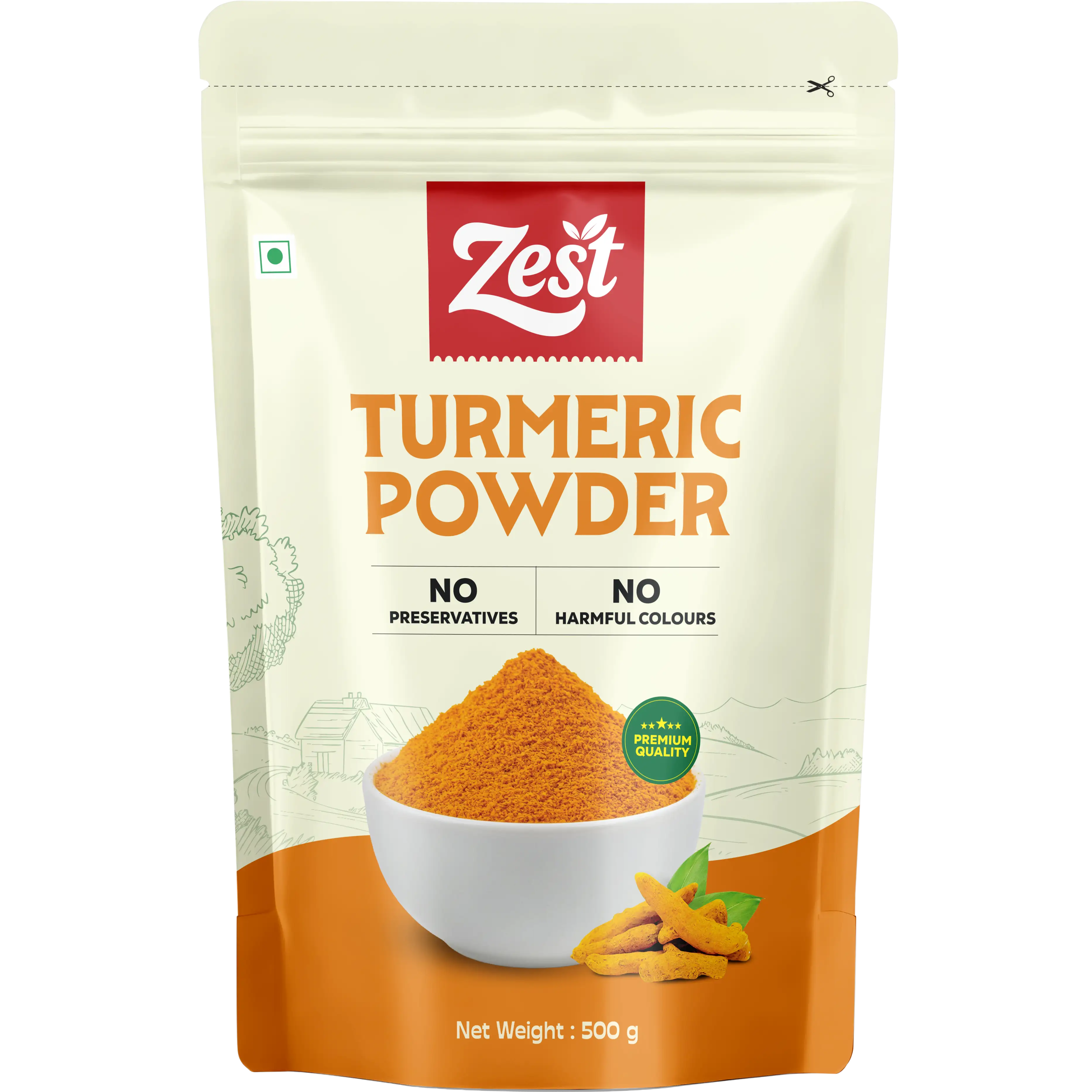 Zest Turmeric Powder packaging on a white background